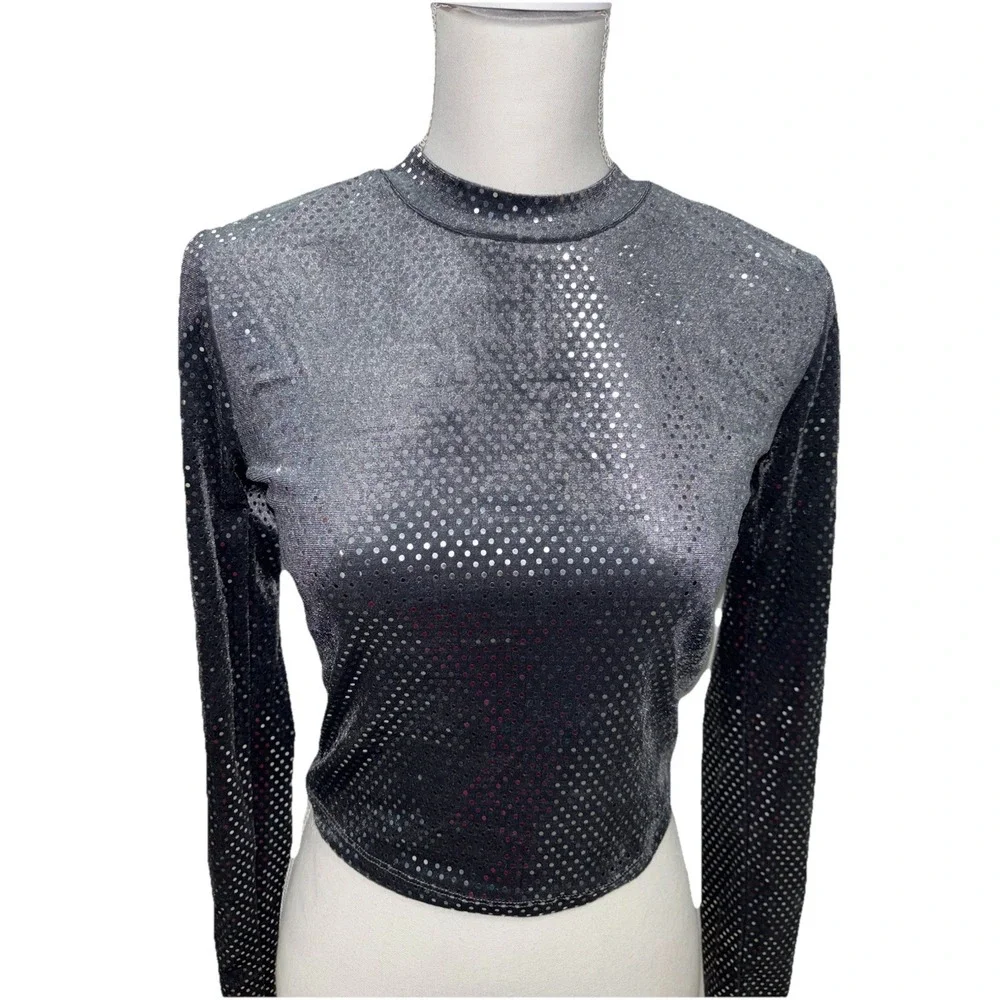 NWT GLAM Gray M Sparkly Crop Top Long Sleeve Party Shirt Bling‎ Disco Baddie Y2K